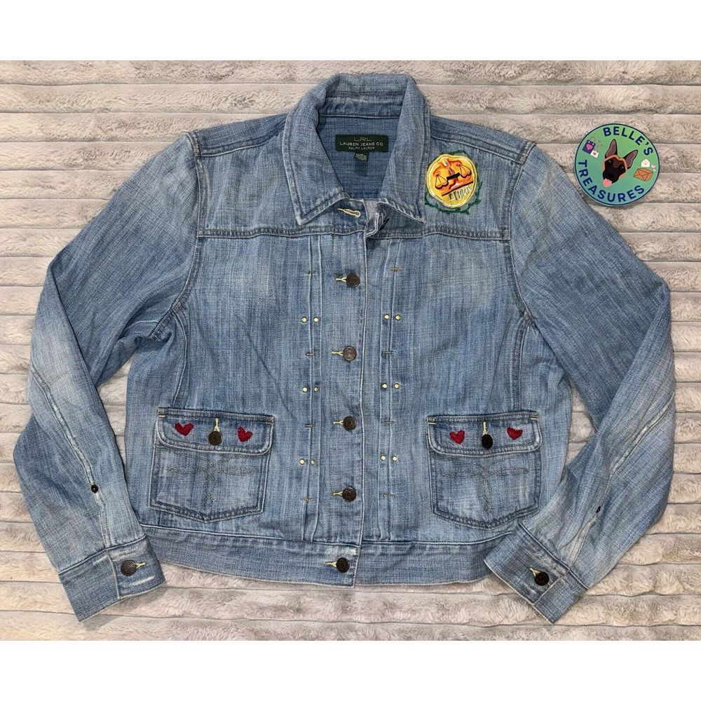 LRL Ralph Lauren Jacket XL Blue Denim Cotton Trucker Patchwork Hearts Libra Vine